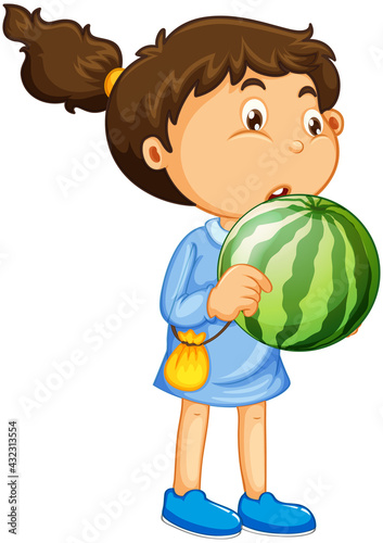 A girl holding watermelon fruit cartoon character isolated on white background
