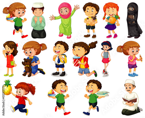 Children doing different activities cartoon character set on white background
