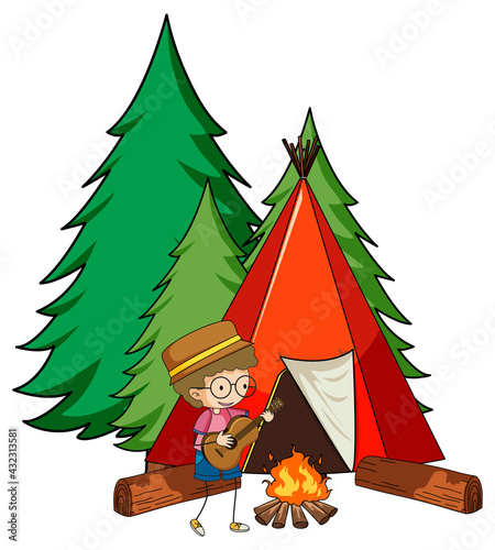Camping tent with doodle kids cartoon character isolated