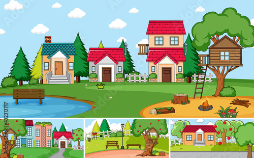Set of different outdoor house scenes cartoon style