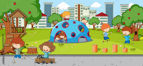 Outdoor scene with many kids playing in the park
