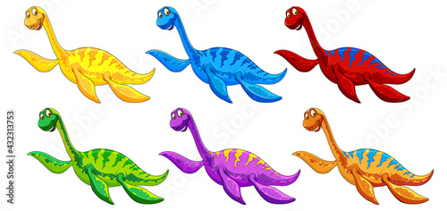 Set of pliosaurus dinosaur cartoon character