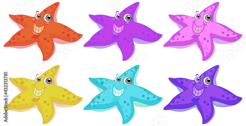 Set of many smiling starfish cartoon character isolated on white background