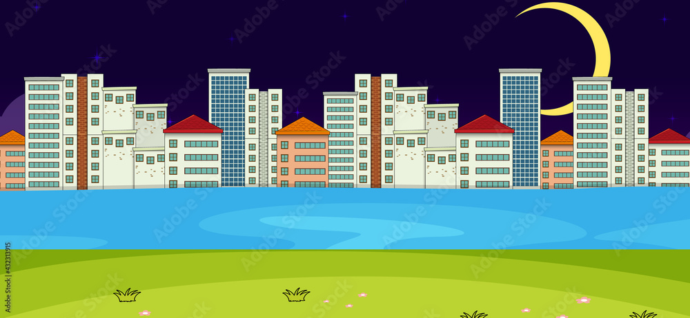 Horizontal scene with river and cityscape at night background