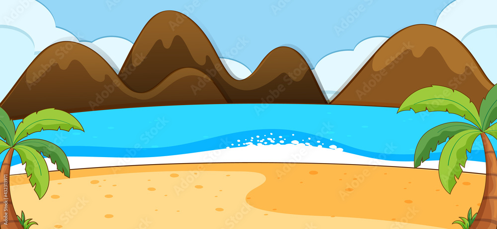 Empty beach scene with coconut trees and mountain in simple style