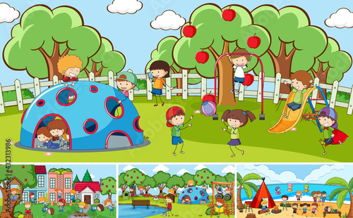 Outdoor scenes set with many kids doodle cartoon character