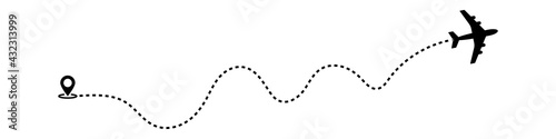 Airplane line path vector icon of air plane flight route with start point and dash line trace isolated on white background. vector illustration eps 10