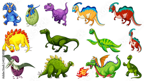 Different dinosaurs cartoon character and fantasy dragons isolated
