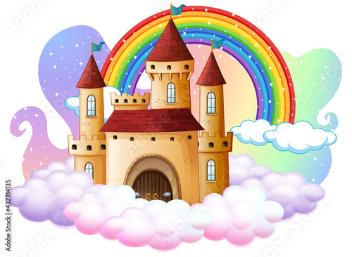 Castle with rainbow on the cloud isolated on white background
