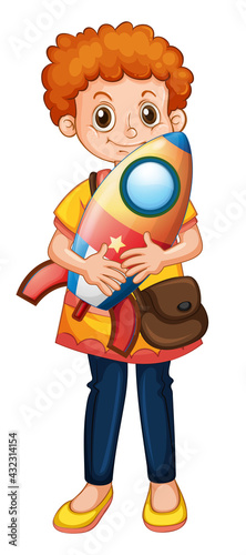 A boy holding rocket toy cartoon character isolated on white background