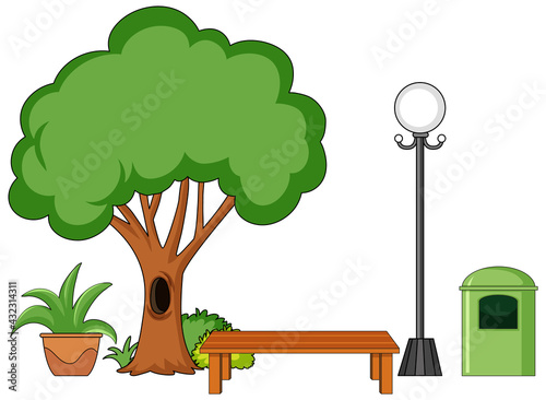 Tree with park element isolated on white background