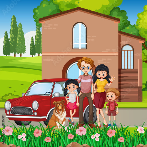 Happy family standing outside home with a car