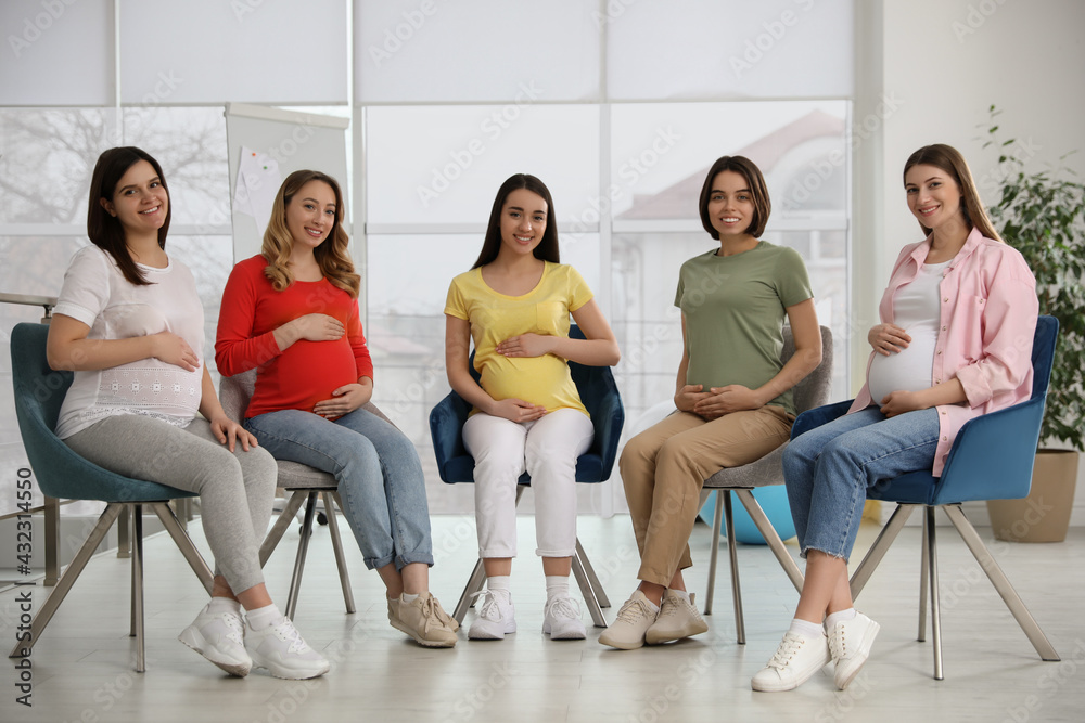 Fototapeta premium Group of pregnant women at courses for expectant mothers indoors