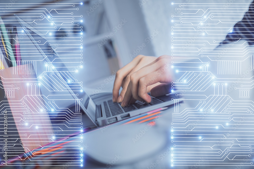 Double exposure of woman hands typing on computer and technology theme drawing. High Tech concept.