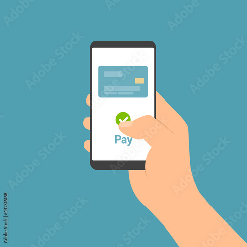Flat design illustration of male hand holding touch screen mobile phone. Online payment by credit card from internet banking, vector