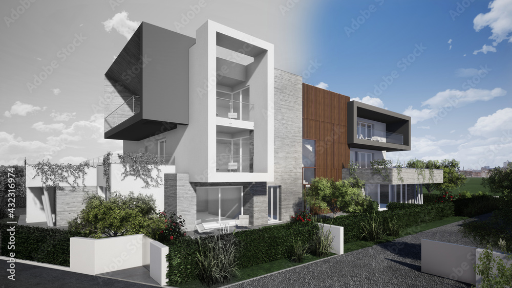 Modellazione 3D edificio residenziale colore e bianco/nero