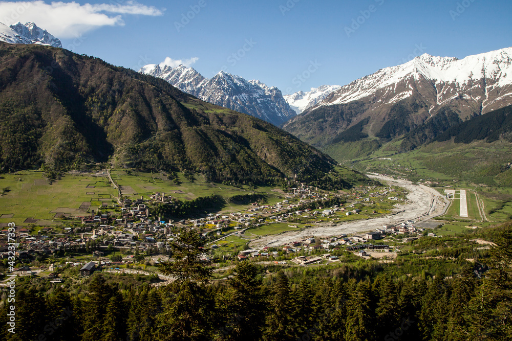 view from the mountain to the village in the mountains