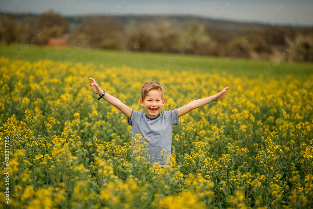 A boy enjoys spring and has fun running in the flowers. He laughs and stretches his hands up. A boy enjoys spring and has fun running in the flowers. He laughs and stretches his hands up.