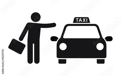 Passenger waving taxi with suitcase, Taxi sign silhouette icon symbol, Pictogram flat design, Vector illustration