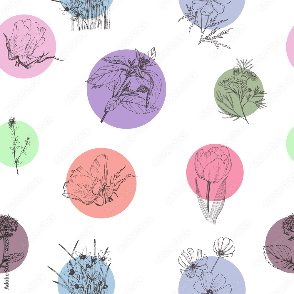 Seamless pattern of silhouettes of flowers on a background of multicolored spots. Seamless pattern of silhouettes of flowers on a background of multicolored spots.
