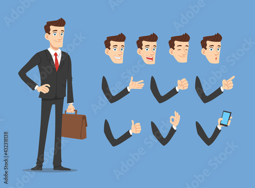 Animated businessman character creation set, Face speaking, Arm poses for move, Cartoon flat design isolated on blue background, Vector illustration