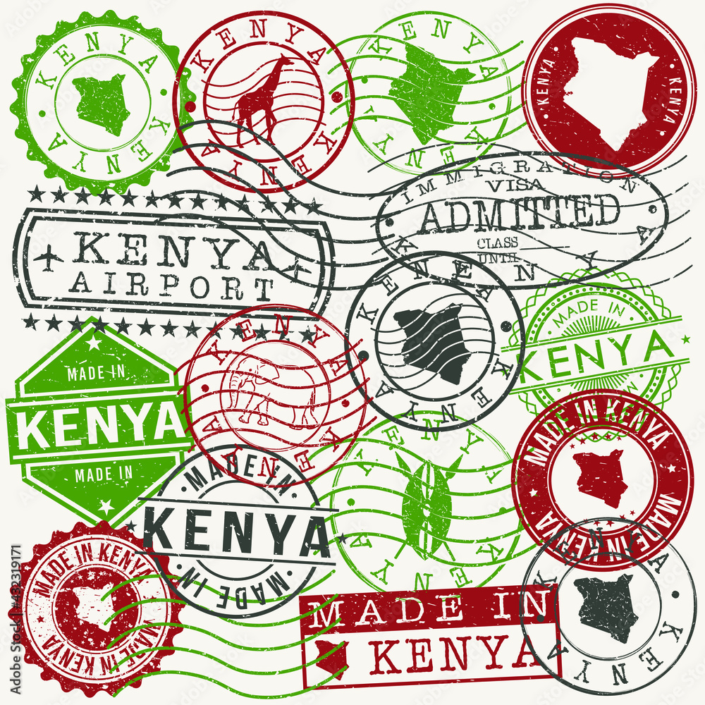 Kenya Set of Stamps. Travel Passport Stamps. Made In Product. Design Seals in Old Style Insignia. Icon Clip Art Vector Collection. Kenya Set of Stamps. Travel Passport Stamps. Made In Product. Design Seals in Old Style Insignia. Icon Clip Art Vector Collection.
