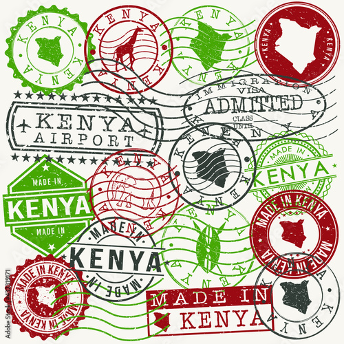 Kenya Set of Stamps. Travel Passport Stamps. Made In Product. Design Seals in Old Style Insignia. Icon Clip Art Vector Collection.