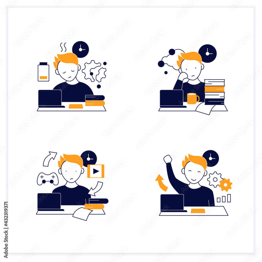 Procrastination flat icons set. Fatigue, work procrastinating, habits, overcome procrastination. Overwhelmed concept. Vector illustrations