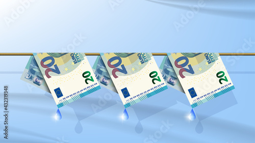 EU crime paper money laundering poster. Folded 20 euro banknotes with water drops hang on a rope. Bright highlights and shadows