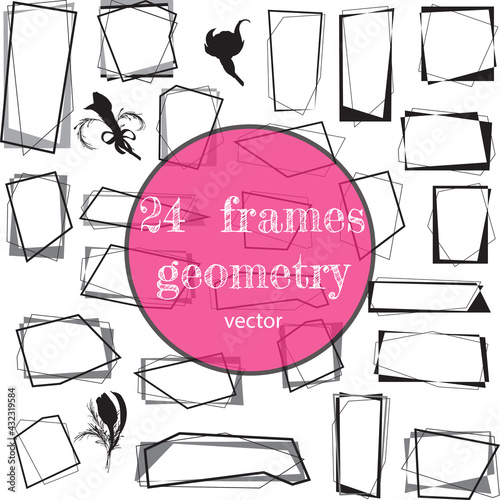 A set of different frames for scrapbooking and graphic design.Vector.Black silhouette made of fine lines, geometry. Rectangular, square shape.2d template for photos and design.Birthday, holiday.
