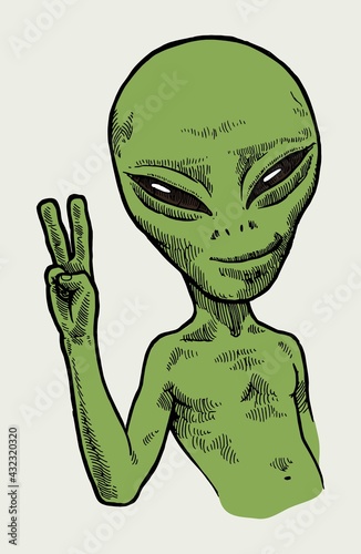 UFO alien smiling with a two finger peace gesture isolated space character vector illustration