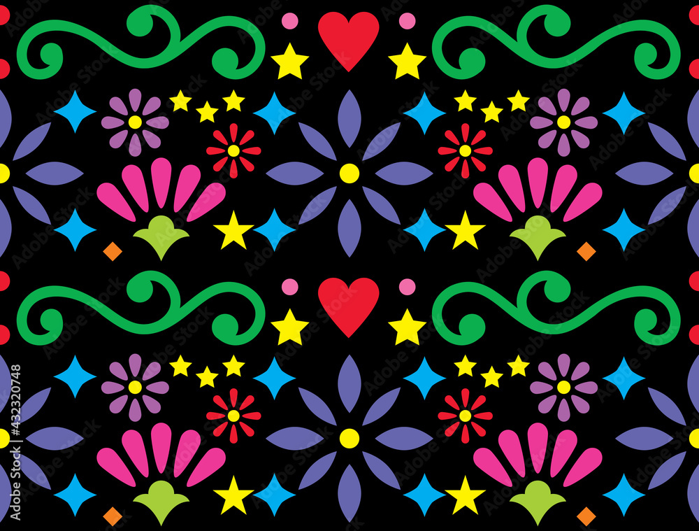 Mexican folk art vibrant seamless vector pattern, colorful design with flowers and swirls inspired by traditional ornaments from Mexico on black background
 