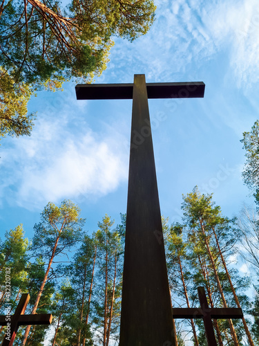 High crosses among the trees at Polish military cemetery. Memorial to the Second World War.