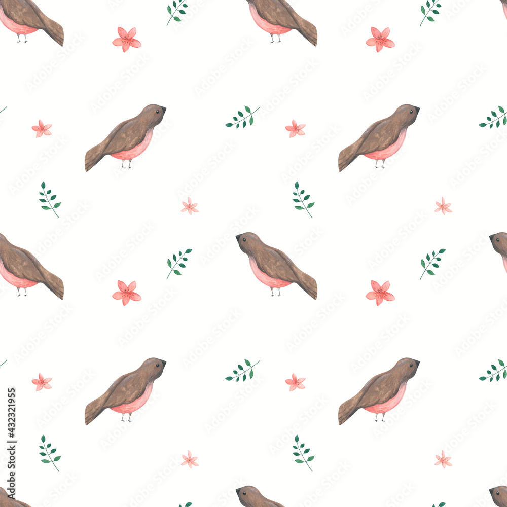 Watercolor hand-painted seamless pattern. Cute birds