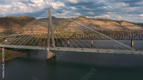 Aerial Drone shot of Veterans Memorial Bridge Crossing the Ohio River in Steubenville, Ohio photo