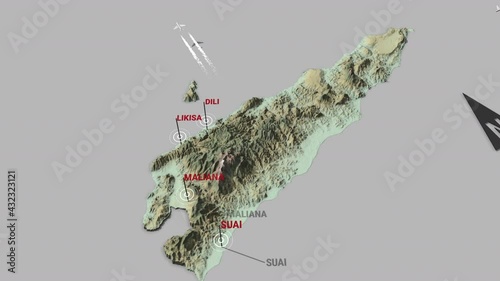 Seamless looping animation of the 3d terrain map of East Timor with the capital and the biggest cites in 4K resolution photo