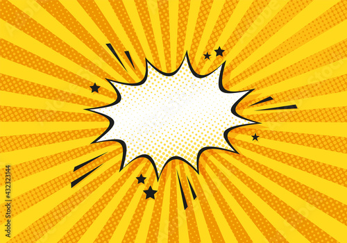 Pop art halftone background. Comic starburst pattern. Cartoon texture with speech bubble, dots and beams. Sunburst effect. Vintage duotone banner. Vector illustration. Superhero gradient design.