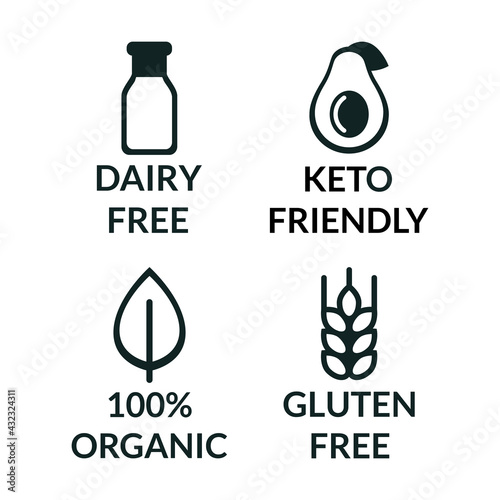 Vector illustration set of safe food without allergens icons. Keto diet icons, lactose and milk free, gluten free, organic products. For labels and packaging