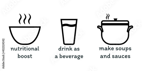 Vector illustration set of icons for broth or soup for cancer patients. Cooking soup or drink as a beverage.