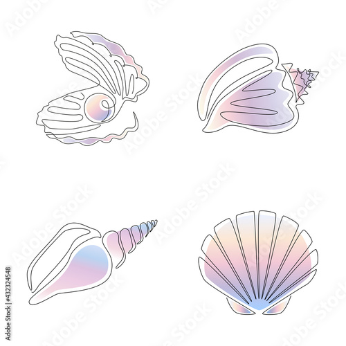 Set of seashells and oyster with pearl in one line drawing. Vector sea shells and Scallop for logo, emblem and icon isolated on white background