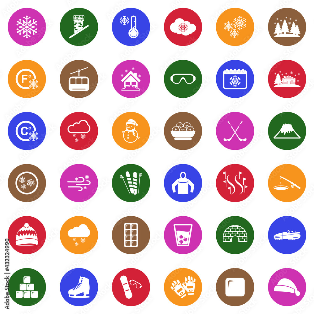 Snow And Ice Icons. White Flat Design In Circle. Vector Illustration. Snow And Ice Icons. White Flat Design In Circle. Vector Illustration.