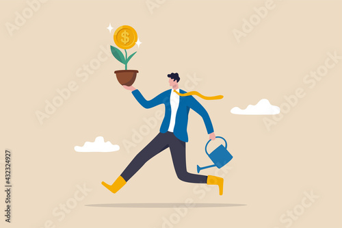 Investing in growth stock, entrepreneur growing business or profit from investment concept, happy businessman running holding growing plant with dollar money coin flower and watering can.
