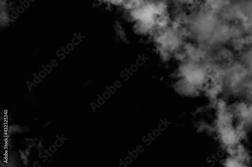 abstract haze gray dry smoke cloud and realistic fog overlay explodes swirl texture on black.