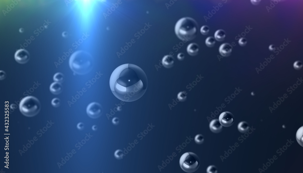 Abstract background. Chrome spheres of different sizes on a dark background