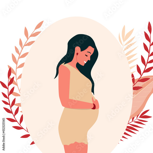 Happy pregnant woman holds her belly. Decorated beautiful leaves.Vector illustration.