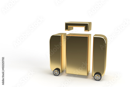 Gold suitcase symbol on wheels as car on isolated background.