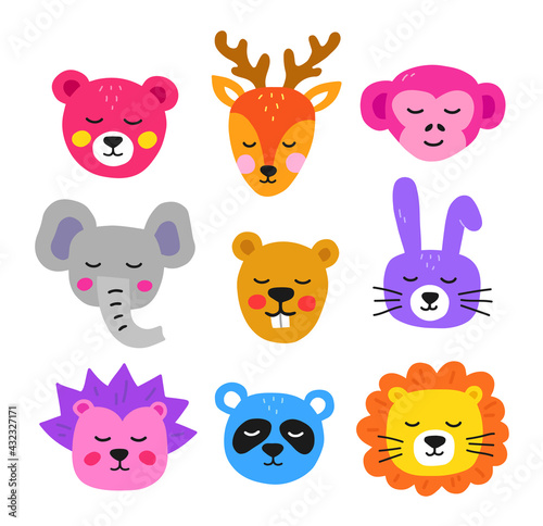 Cute hand drawn animal heads. Collection of baby animals in flat style on a white background. Vector illustration for prints, kids products, cards, apparel.