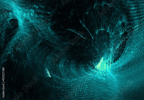 abstract light greenish blue mystical ice swirling overlay with lights rolling pattern on dark black.