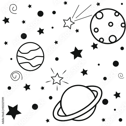Cartoon galaxy with space elements. Seamless background with planets, comet and stars. Hand-drawn doodle, vector illustration. Cute vector for print , textile, posters, cards, ets