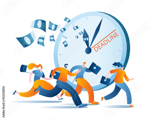 Men and women in casual clothes with laptops are running fast. The concept of a vector illustration on the topic of tardiness and time management.